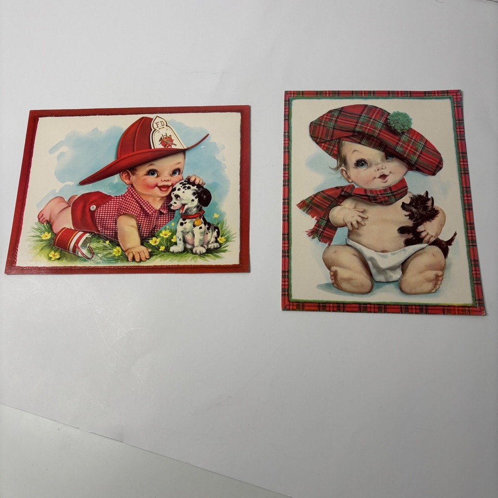 VTG Large MCM Greeting Cards Baby Boy Fireman‎ Dog Scottish Hat Ephemera USA